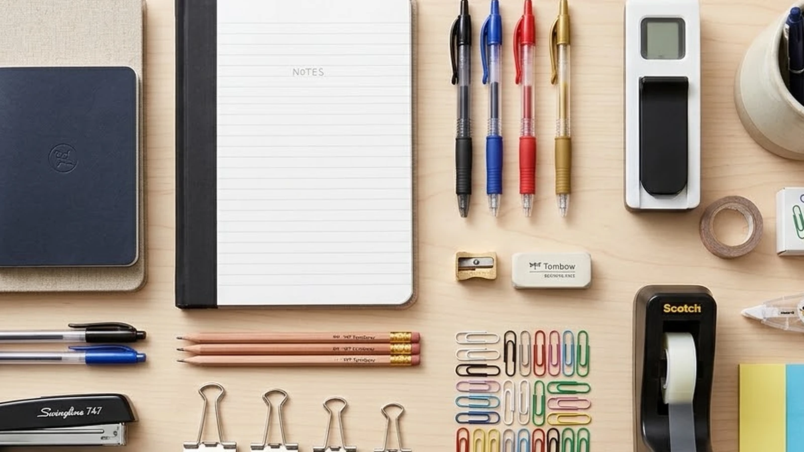 Flat lay of corporate stationery: notebooks, pens and office supplies