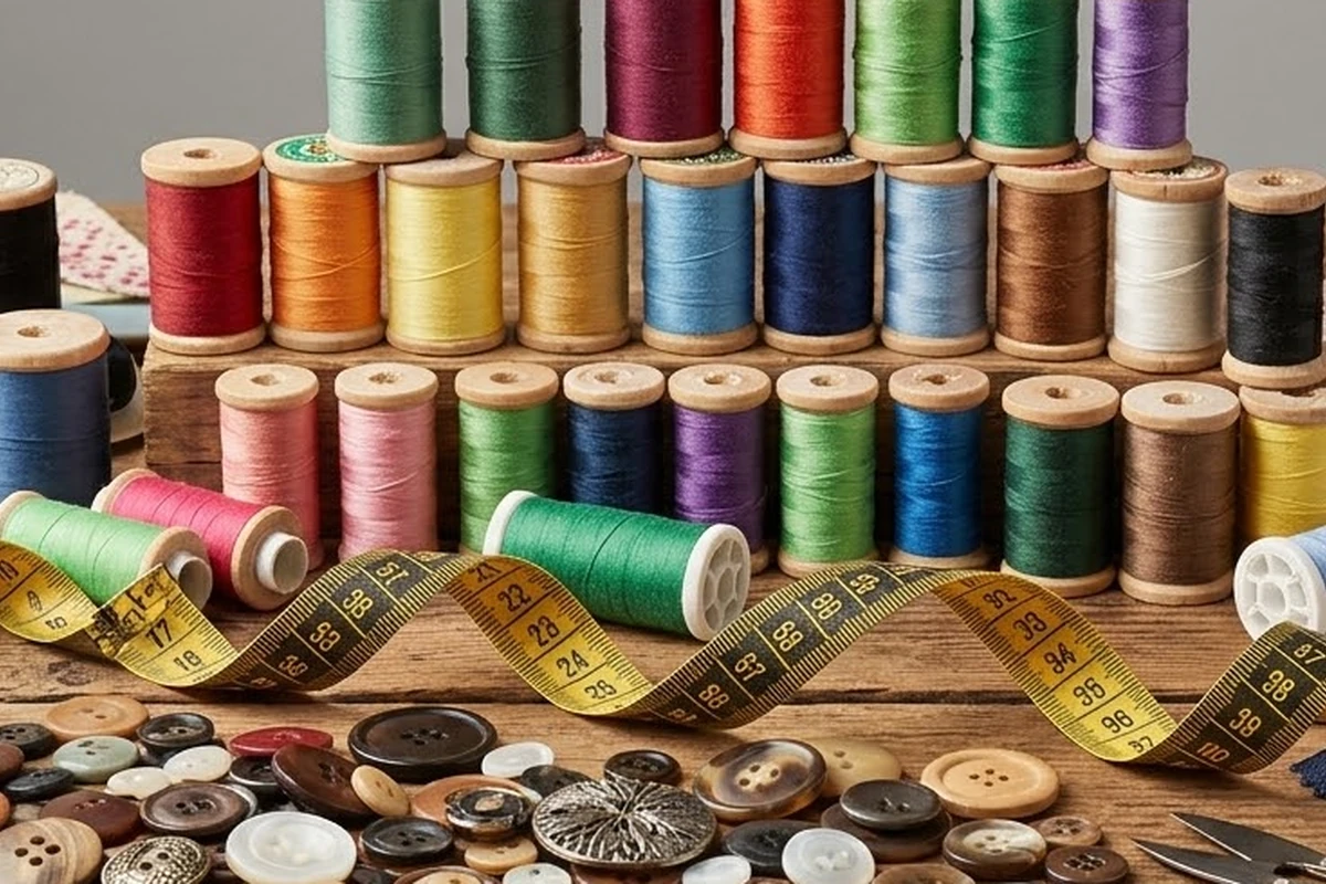 Wooden spools of colourful industrial sewing thread with haberdashery materials